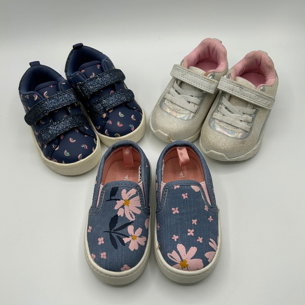 Carter's OshKosh Toddler Girl Play Shoes Size 4 Bundle Rainbow Floral Glitter‎